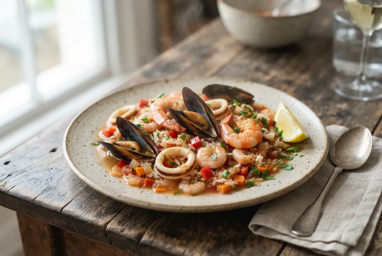 Guiso marinero de mariscos con arroz y verduras
