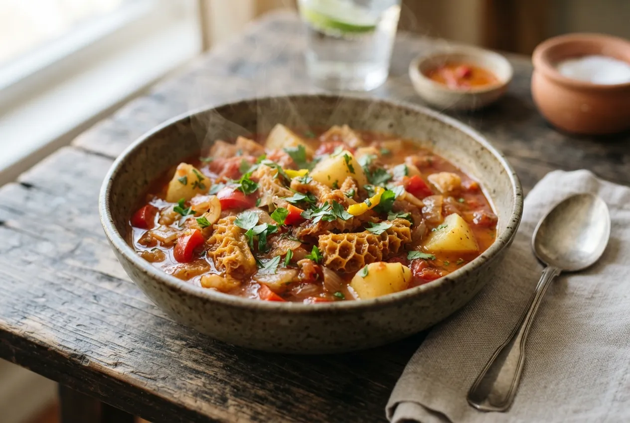 Guiso de mondongo con papas y tomate al estilo criollo