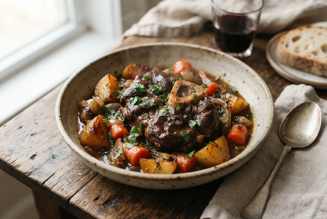 Guiso de osobuco con papas, zanahorias y vino tinto