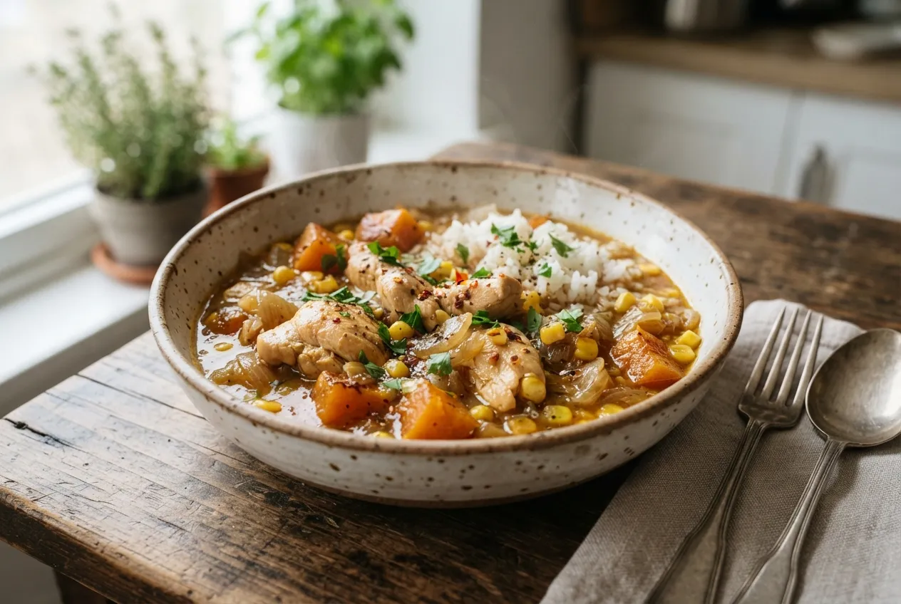 Guiso de pollo con arroz, zapallo y choclo cremoso