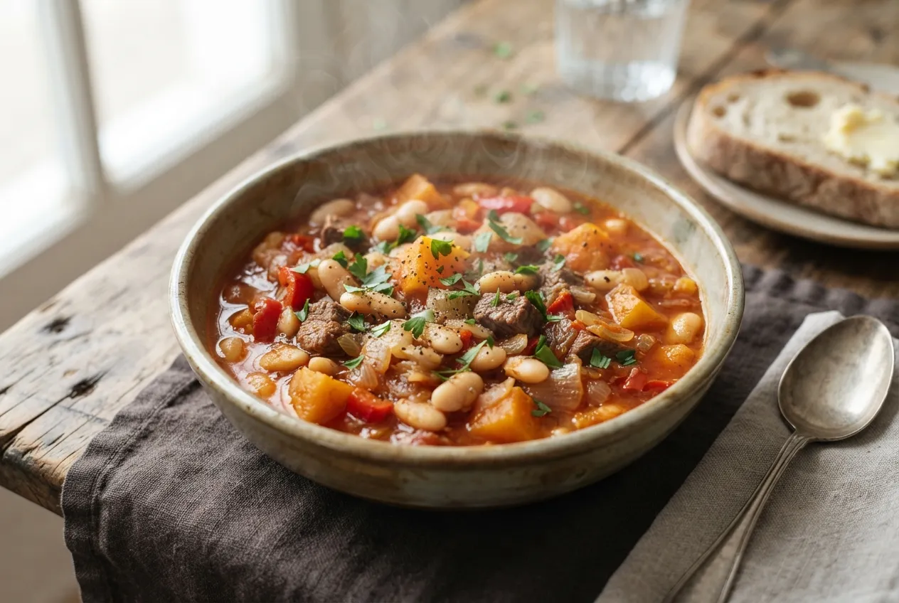Guiso de porotos blancos con zapallo y carne magra