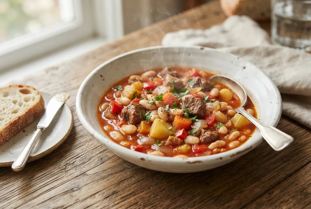 Guiso de porotos con carne y verduras tradicionales