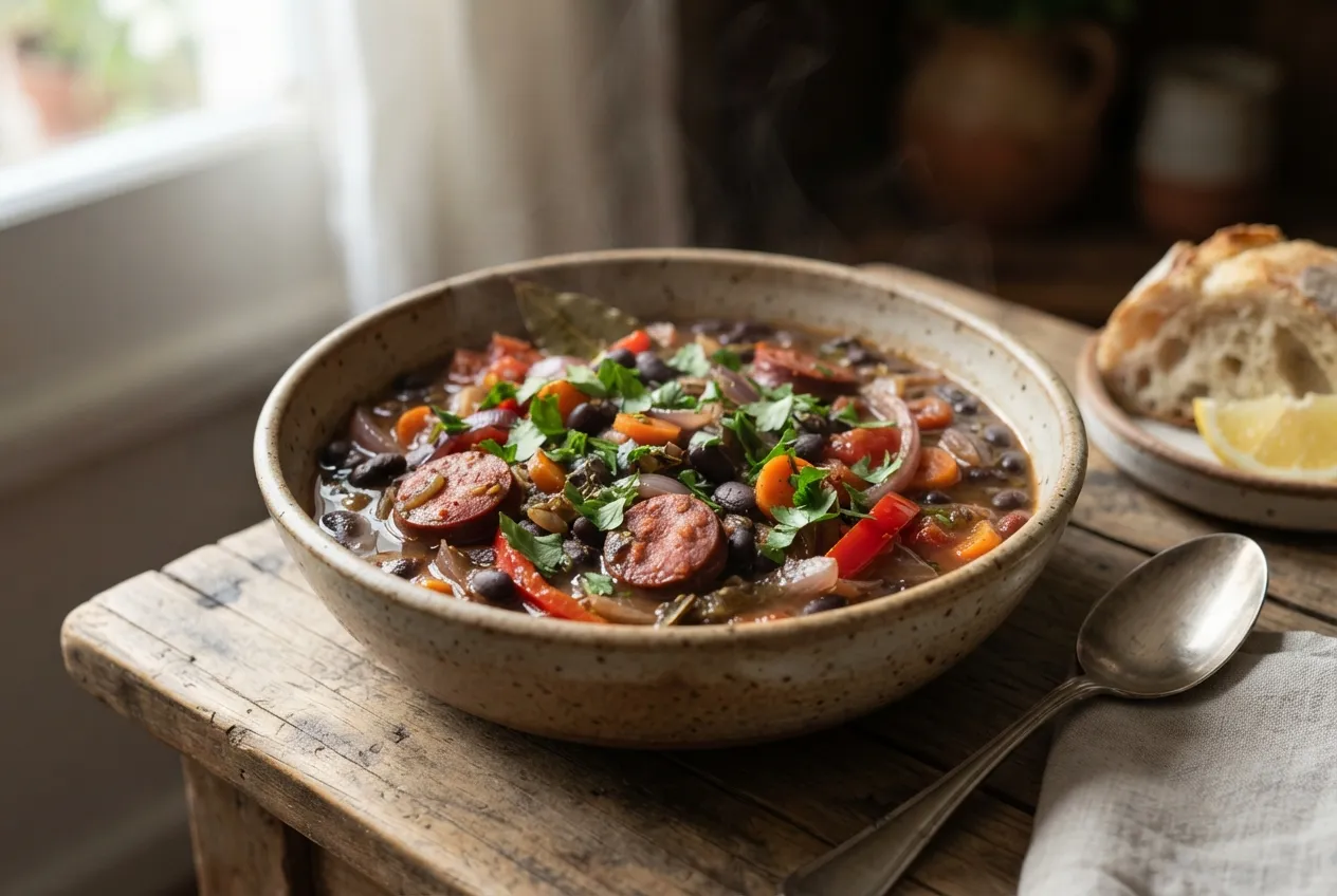 Guiso de porotos negros con chorizo y verduras al estilo criollo