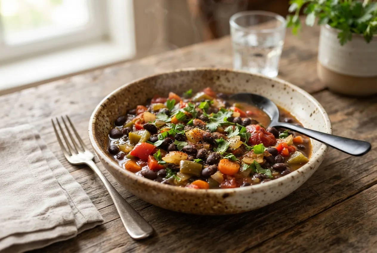 Guiso de porotos negros con verduras y hierbas frescas