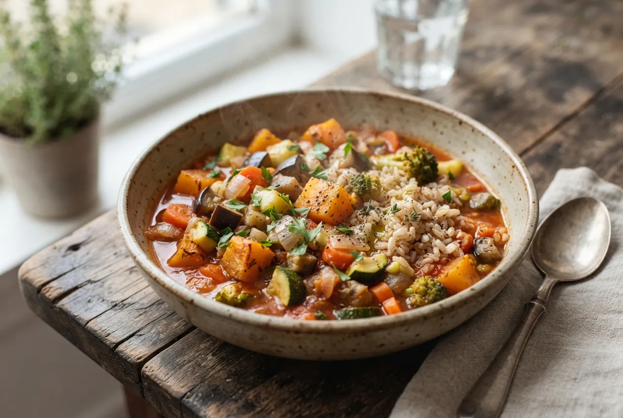 Guiso vegetariano de verduras de estación y arroz integral