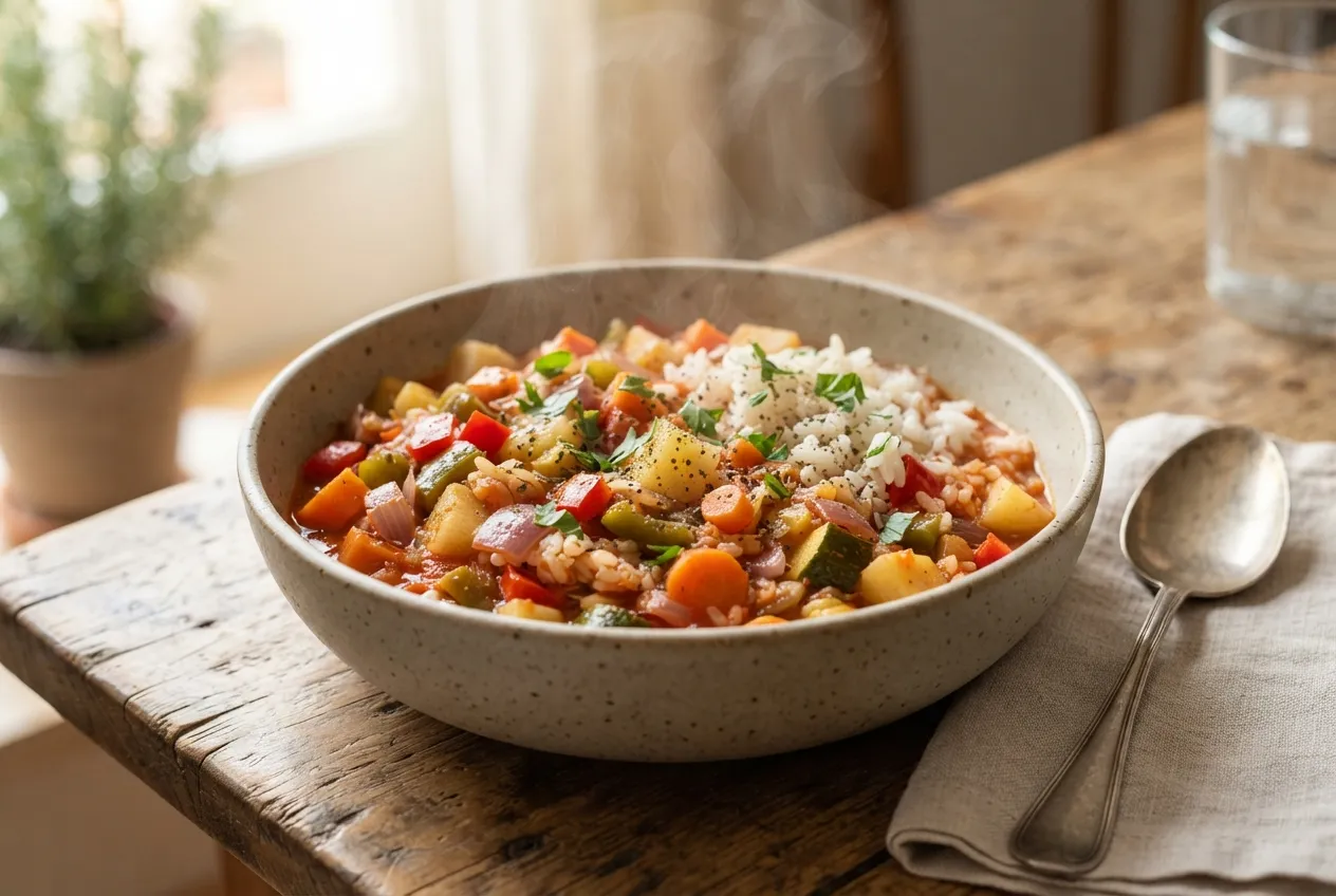 Guiso de verduras mixtas con arroz y especias