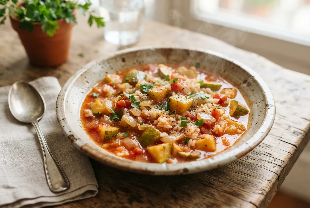 Guiso de zapallitos y arroz con salsa casera