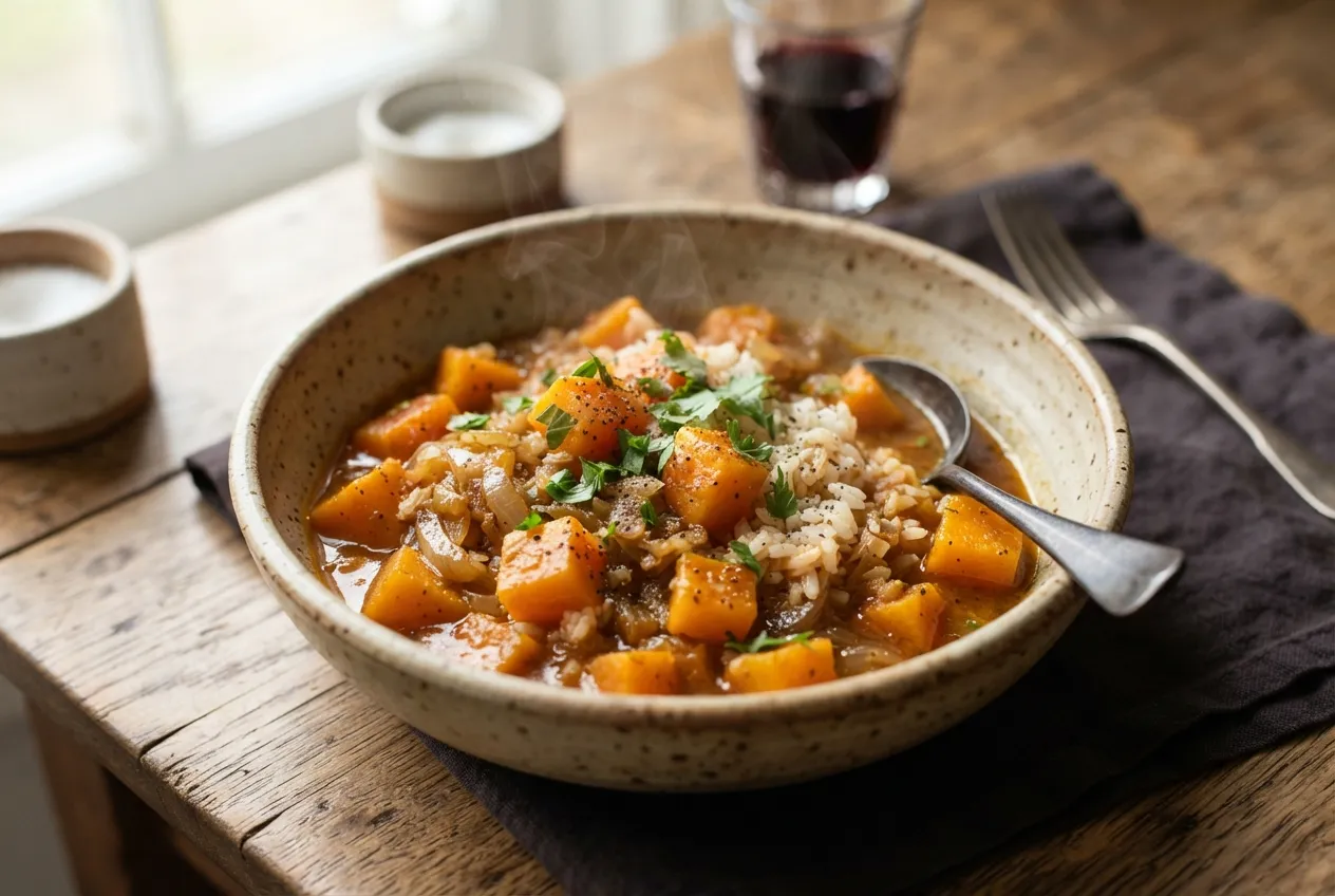 Guiso de zapallo anco y arroz con especias tradicionales