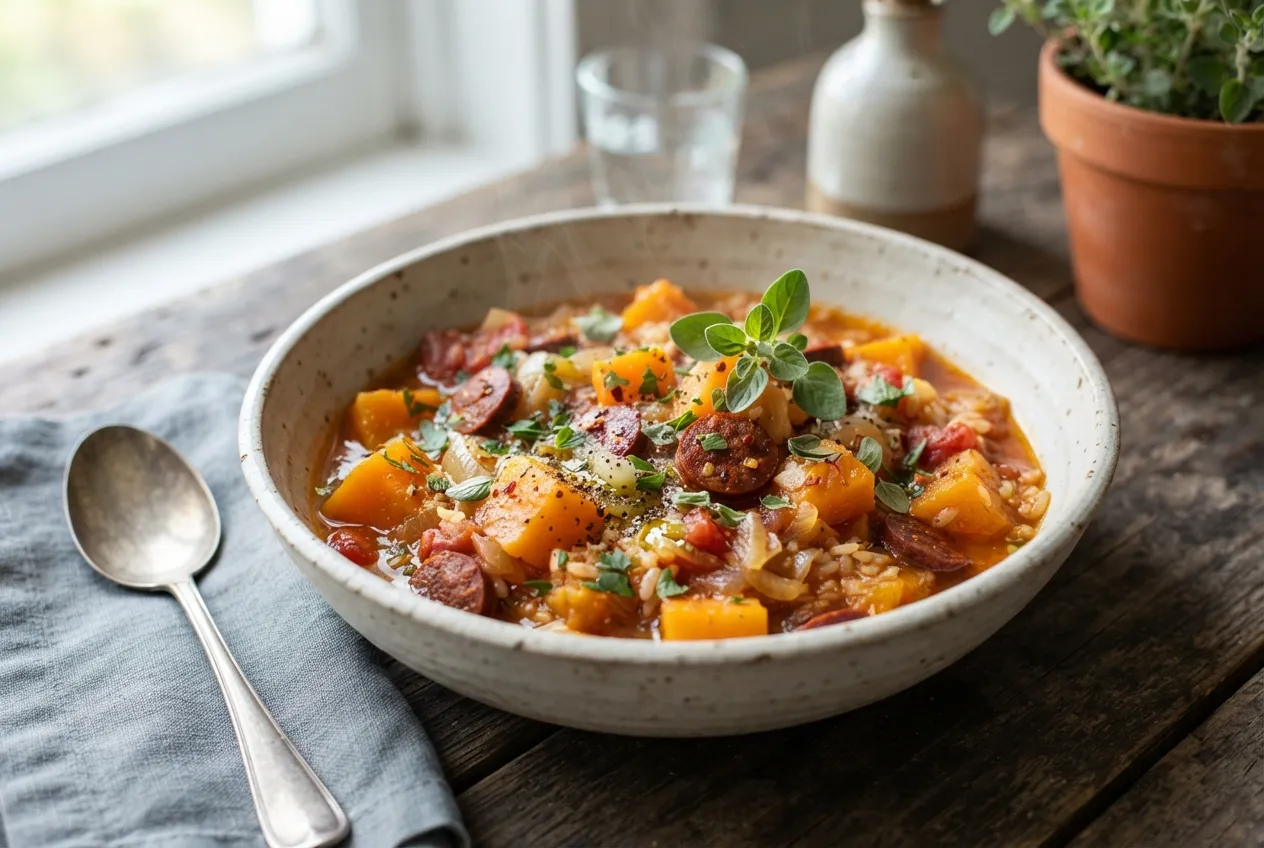 Guiso de zapallo con arroz, chorizo y hierbas aromáticas