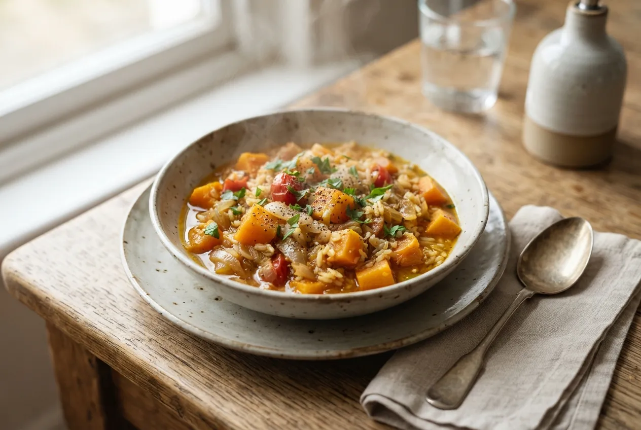 Guiso de zapallo y arroz con especias
