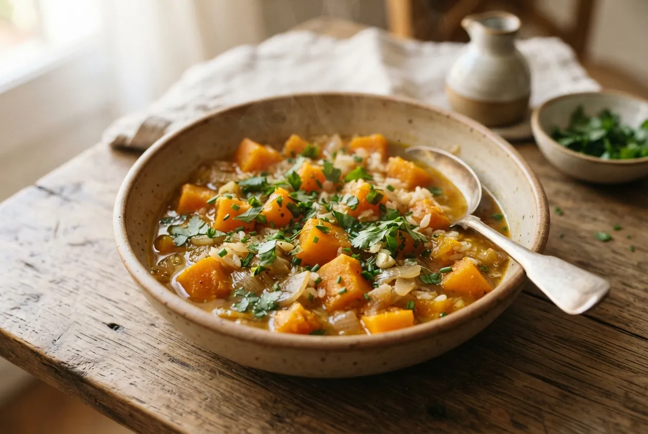 Guiso de zapallo y arroz con hierbas frescas