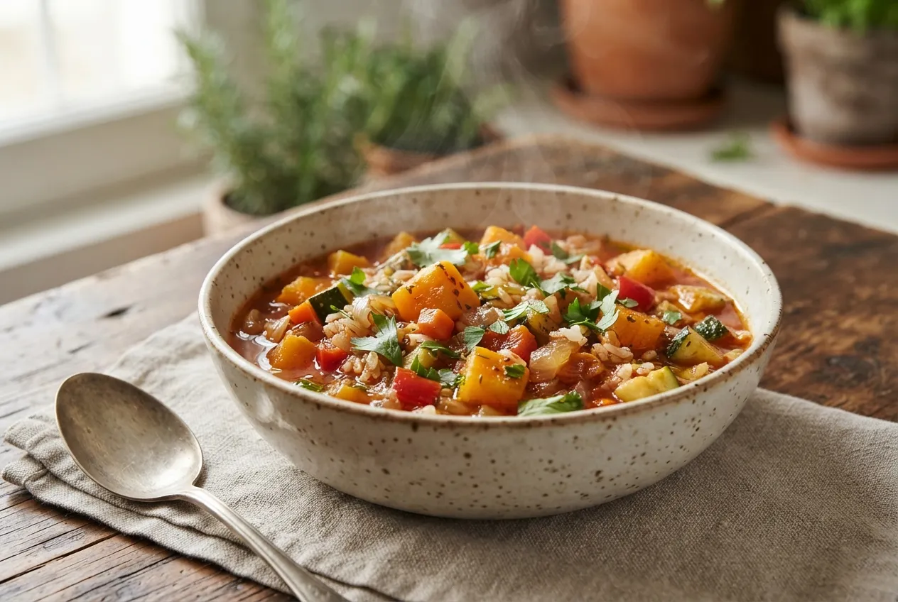 Guiso de zapallo con arroz y verduras de estación