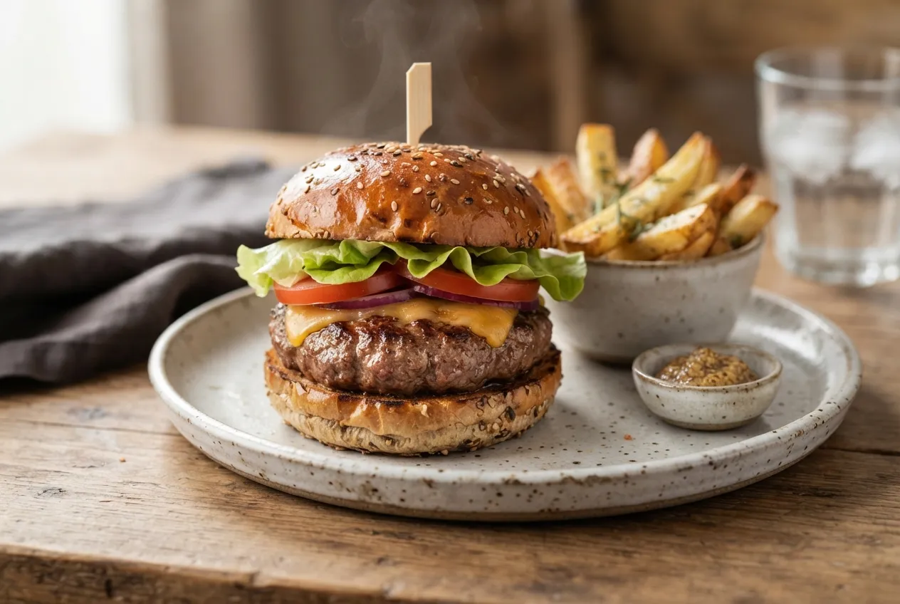 Hamburguesa casera de carne con pan casero y lechuga
