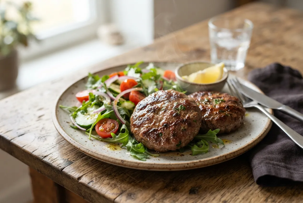 Hamburguesas caseras de carne vacuna con ensalada