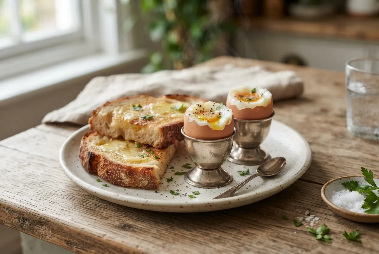 Huevos a la copa con tostadas de pan casero