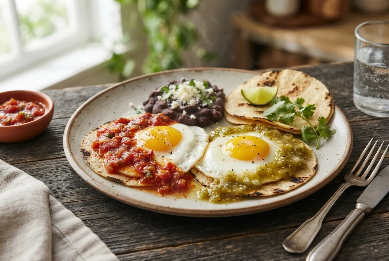 Huevos divorciados con salsa roja y verde para desayuno