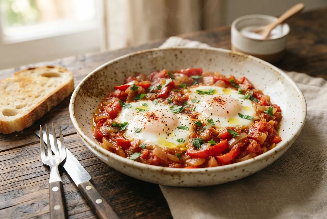 Huevos a la española con tomate, cebolla y pimentón