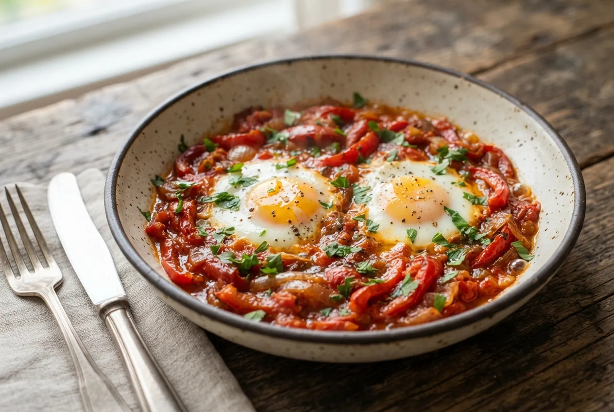 Huevos a la gaucha con tomate, morrón y cebolla para desayuno