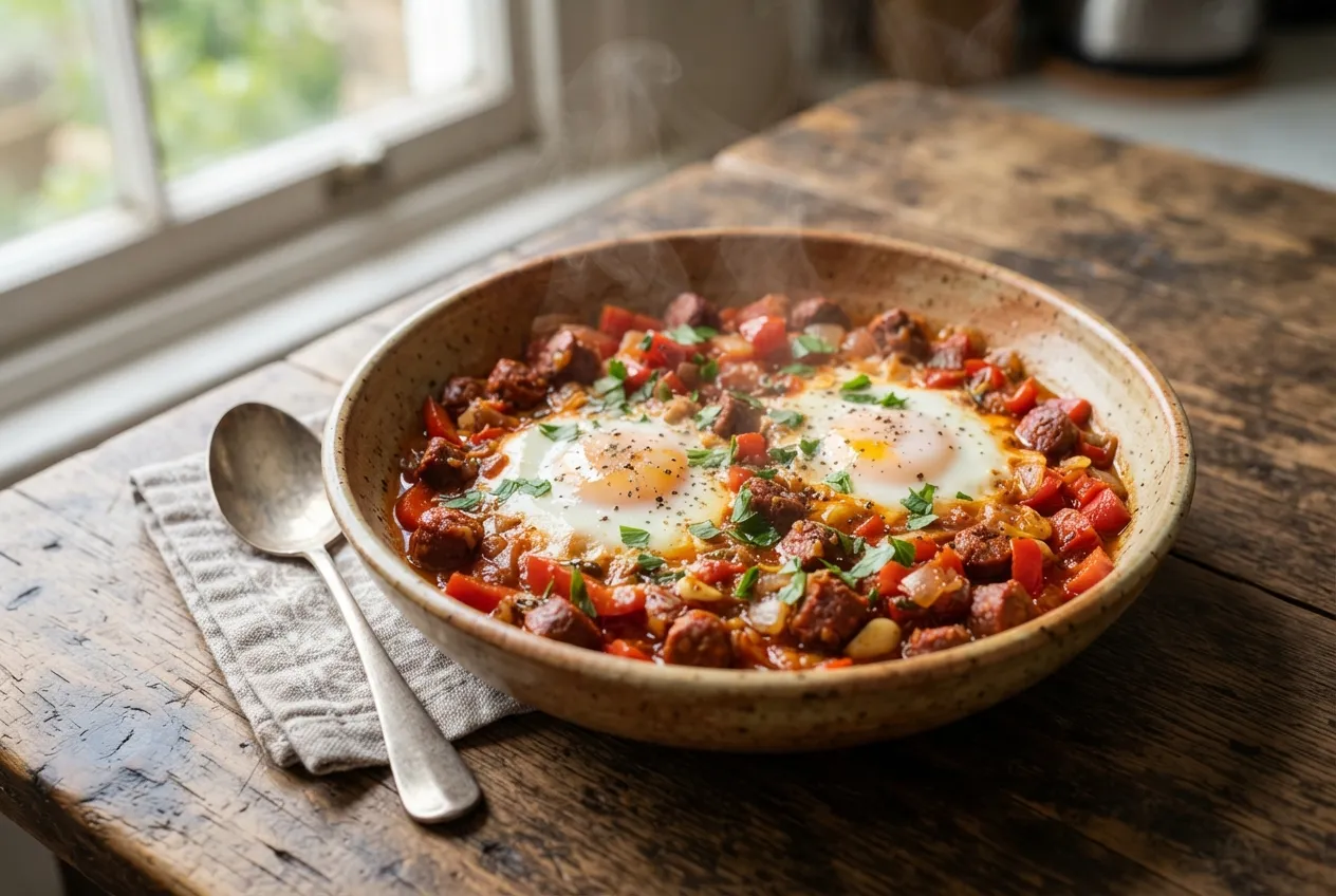 Huevos a la gaucha con tomate, morrón y chorizo picado