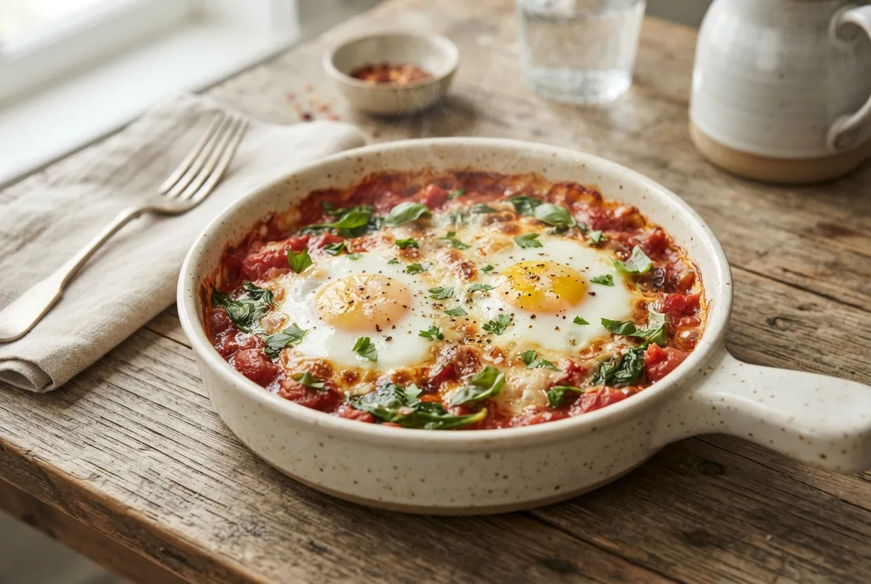 Huevos al horno con tomate, espinaca y queso light