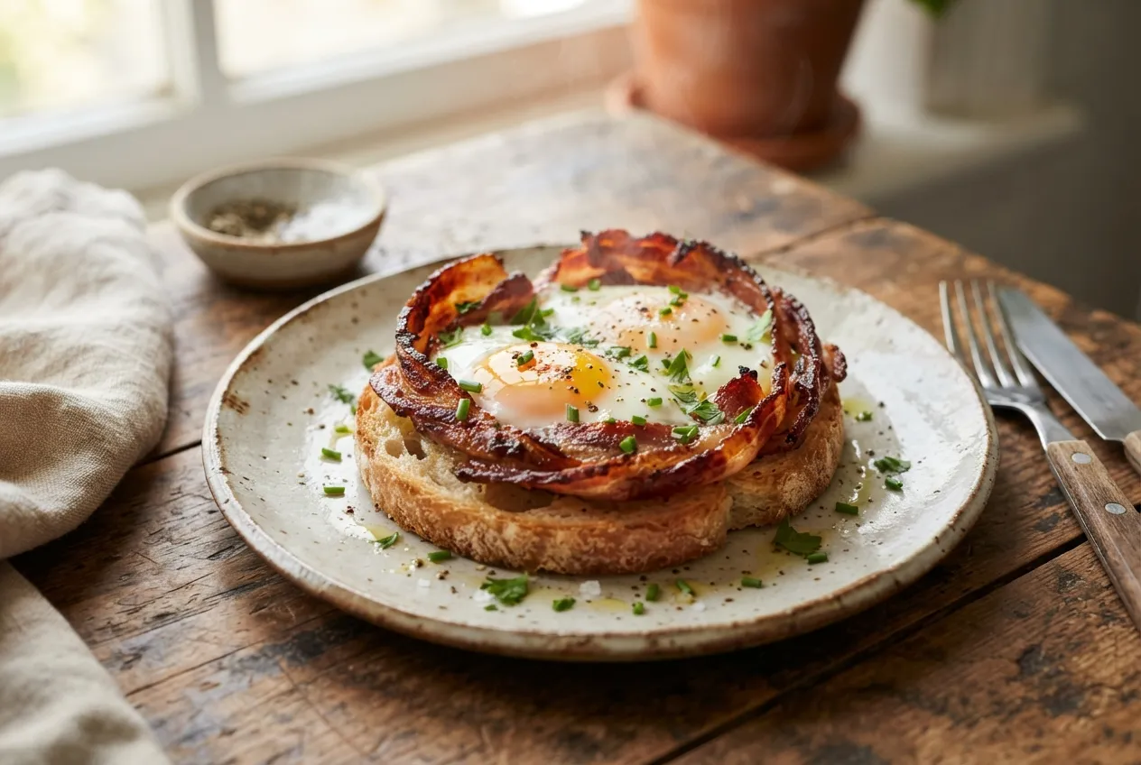 Huevos en nido con panceta para un desayuno contundente