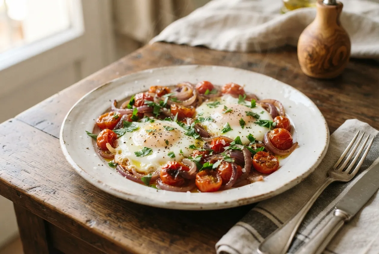 Huevos a la plancha con tomate, cebolla y perejil