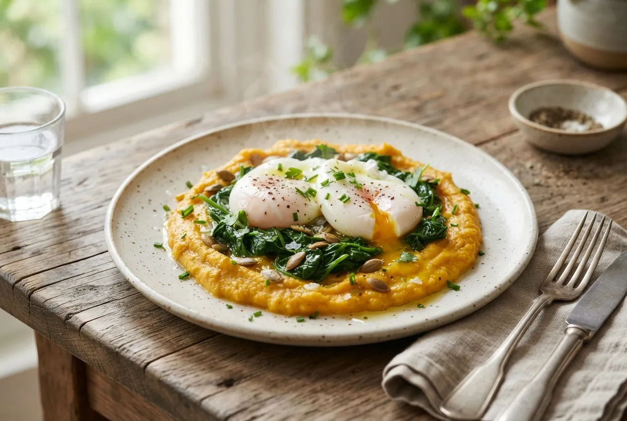 Huevos pochados sobre puré de calabaza y espinaca