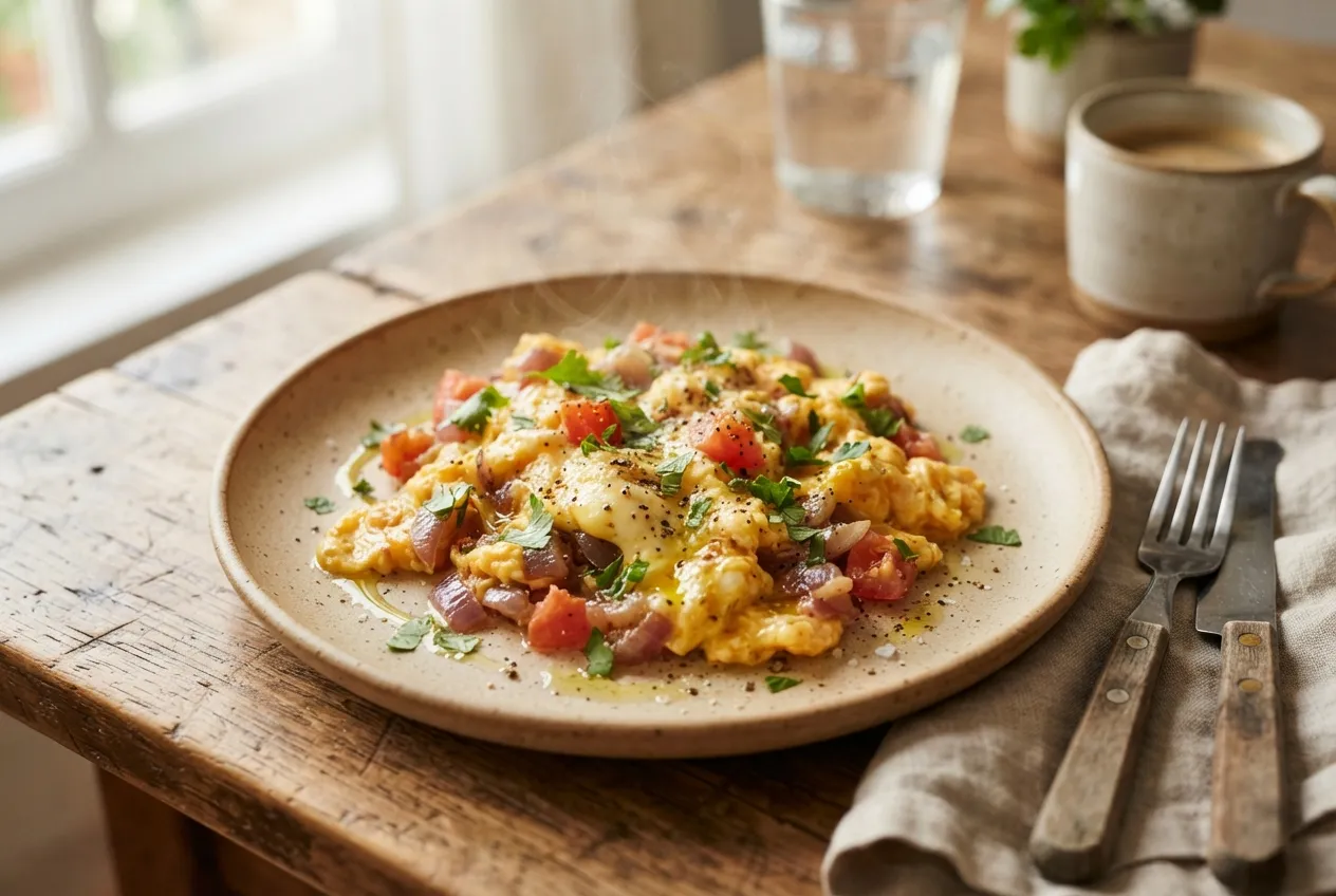 Huevos revueltos con cebolla y tomate para desayuno