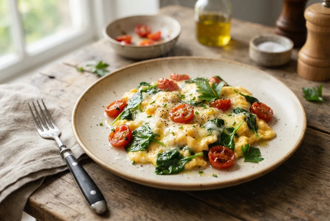 Huevos revueltos con espinaca y tomate cherry
