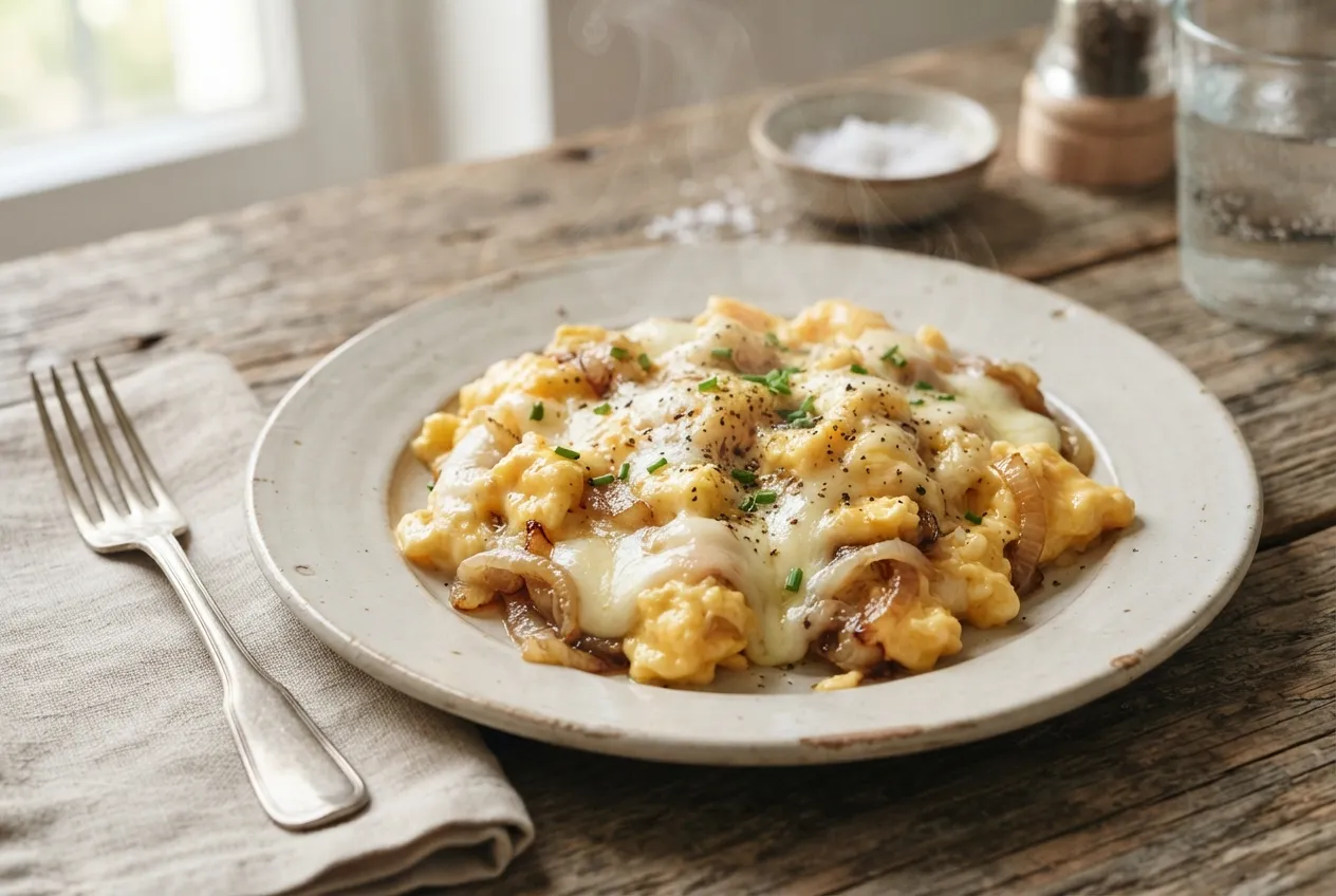 Huevos revueltos con queso y cebolla para desayuno fácil
