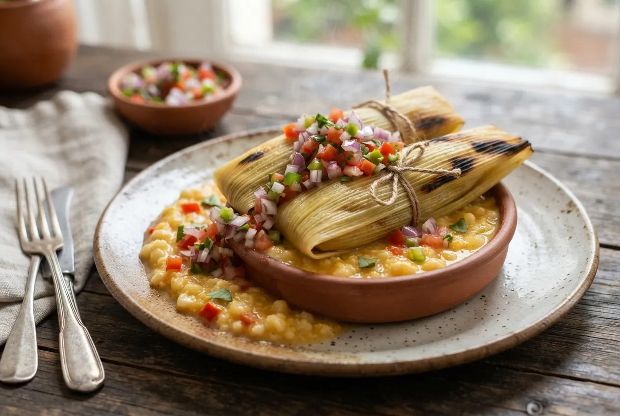 Humita en chala a la olla con salsa criolla