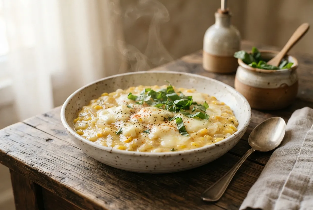Humita en olla con queso y albahaca para el invierno