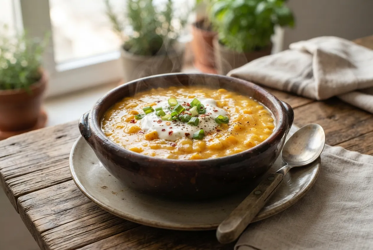 Humita en olla tradicional con choclo y salsa blanca