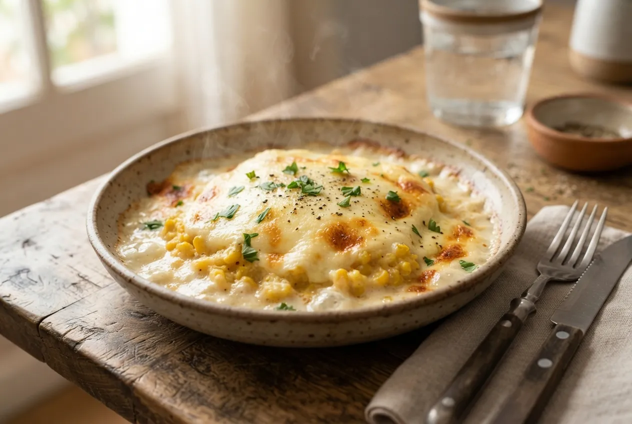 Humita al plato con salsa blanca y queso gratinado