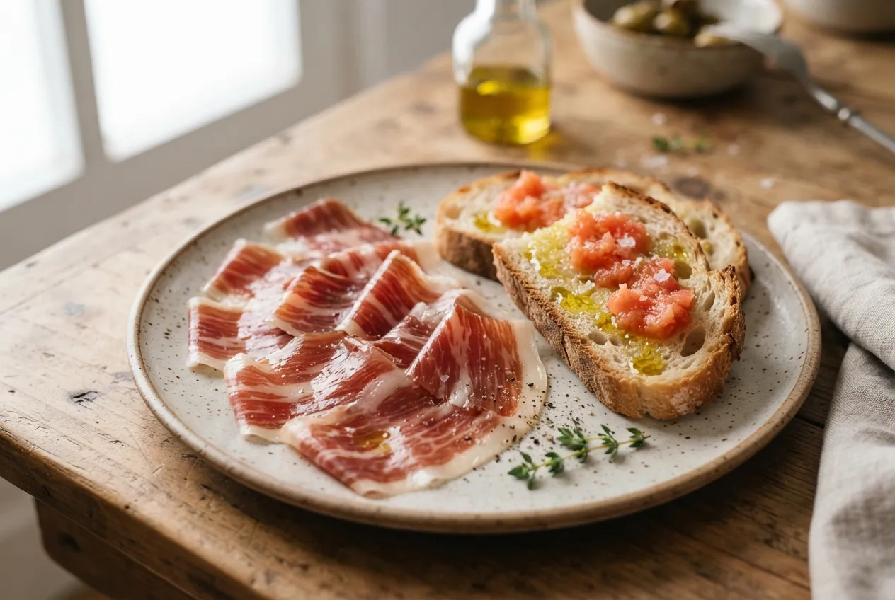 Jamón ibérico a cuchillo con pan y aceite de oliva