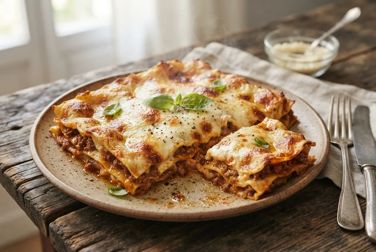 Lasaña de carne con salsa bechamel y queso gratinado
