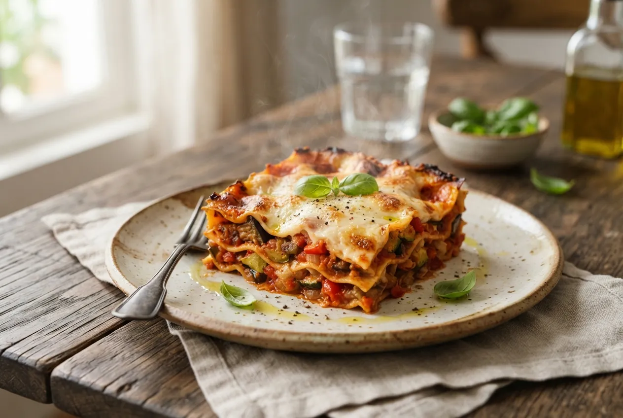 Lasaña de verduras con salsa de tomate y bechamel