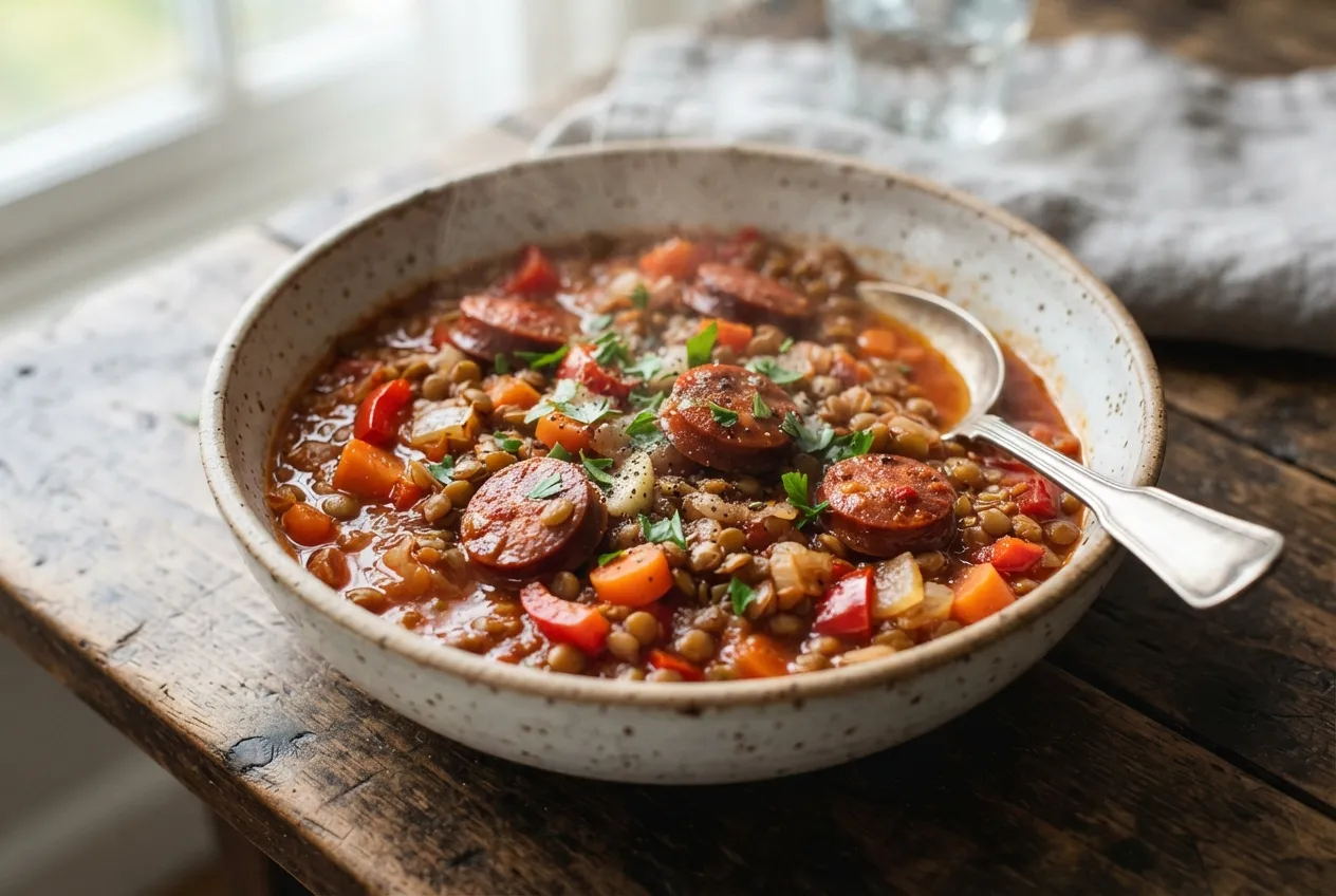Lentejas estofadas con chorizo y verduras de estación