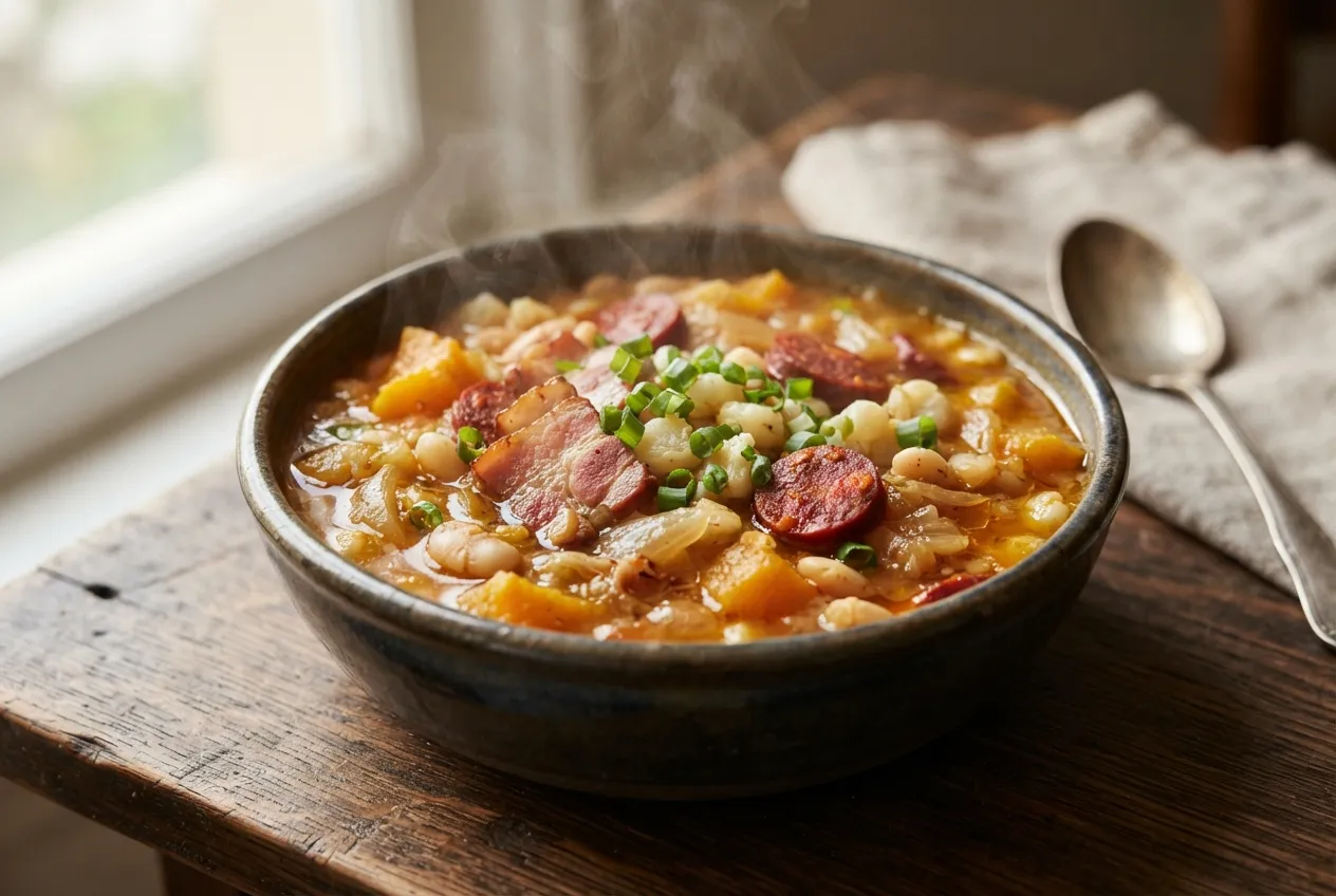 Locro criollo tradicional con zapallo y porotos