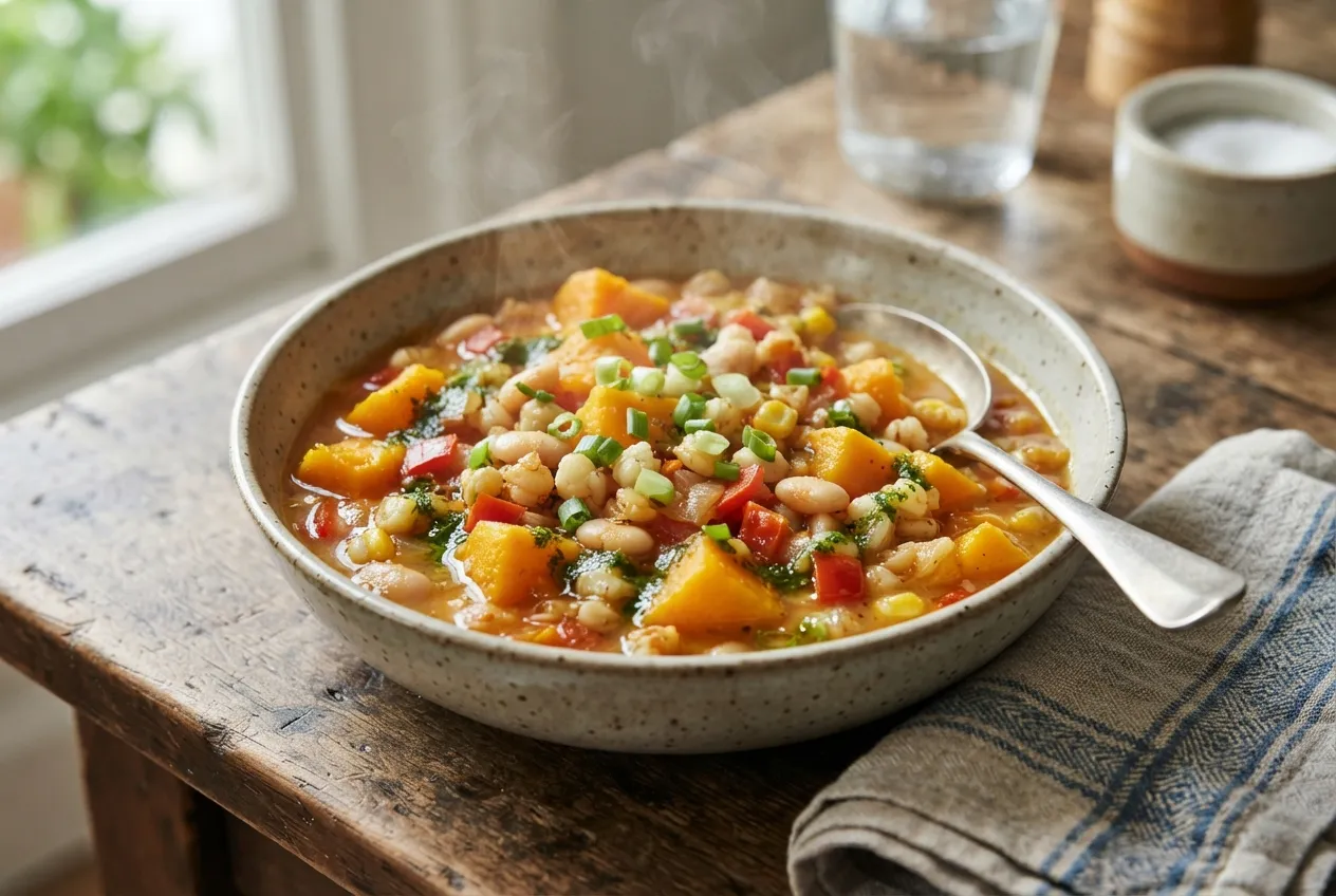 Locro vegetariano con zapallo, maíz y porotos