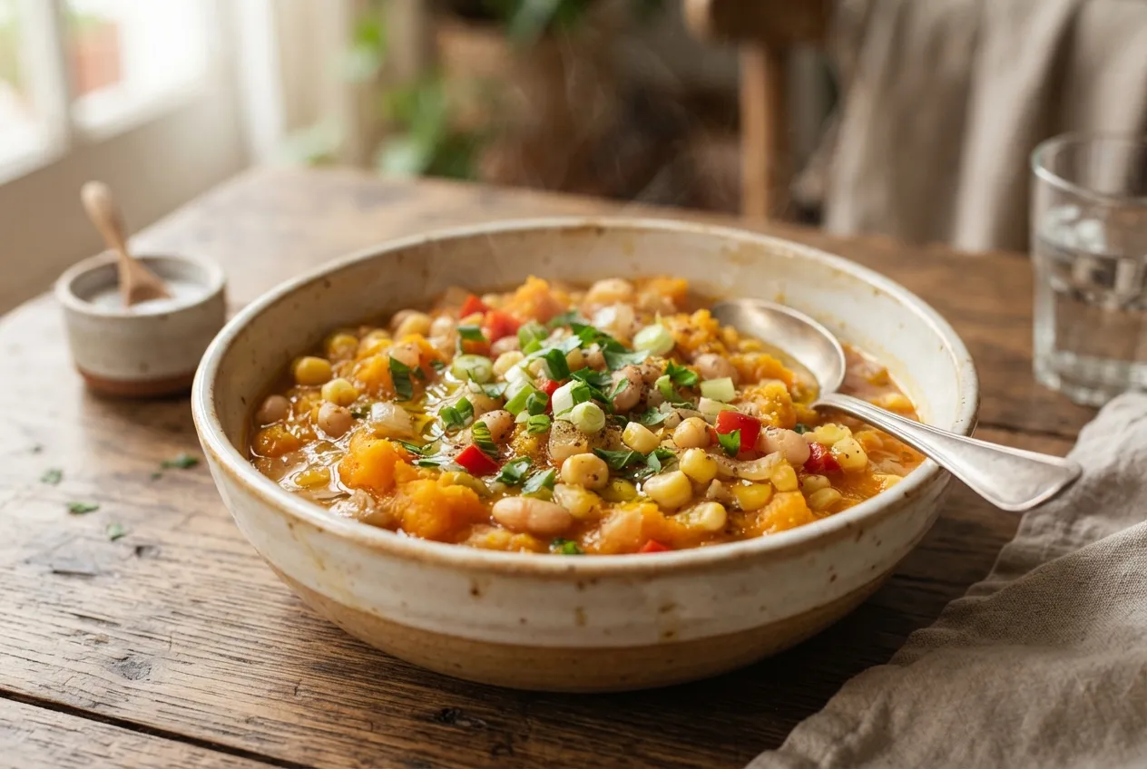 Locro vegetariano con zapallo, porotos y choclo