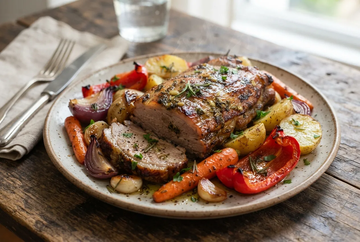 Matambre de cerdo al horno con papas y verduras