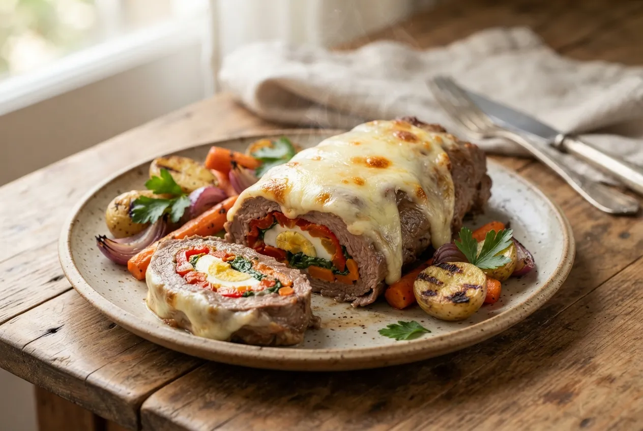 Matambre relleno al horno con verduras y quesos fundidos
