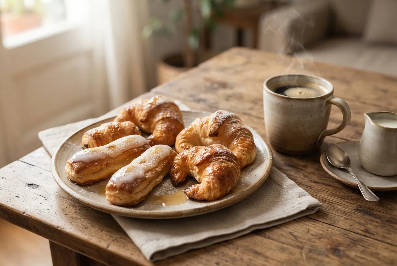 Merienda con facturas caseras tipo medialunas y vigilantes