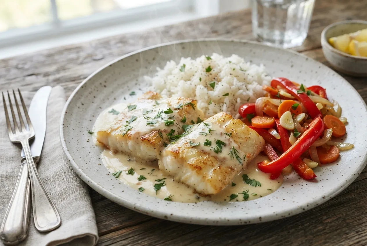 Merluza a la crema con vegetales salteados y arroz blanco