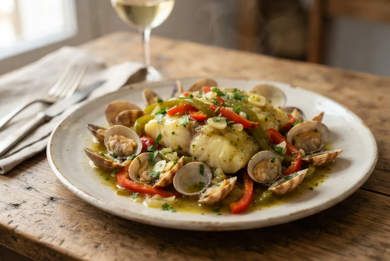 Merluza a la vasca con pimientos y almejas