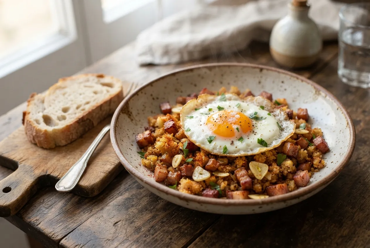 Migas con panceta, huevo frito y pan casero