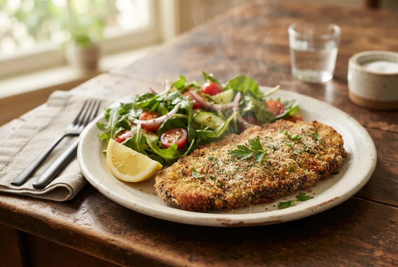 Milanesa de berenjena con ensalada fresca y limón