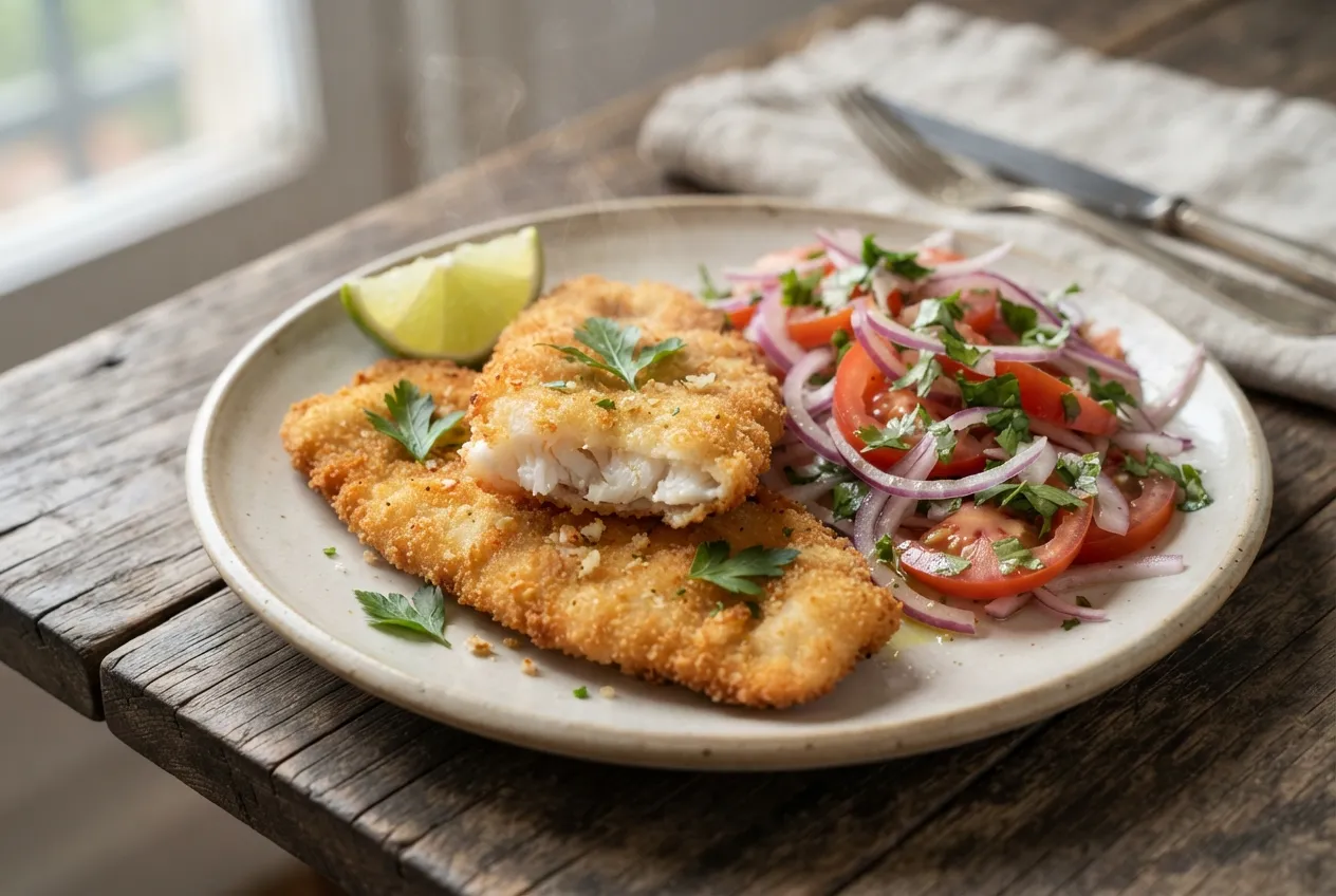 Milanesa de pescado con ensalada criolla fresca