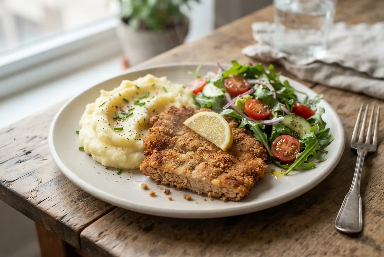 Milanesa de soja con puré de papas y ensalada fresca